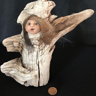 Folk Art Figure in Driftwood 8"H Signed Wax face Real Hair 8"H