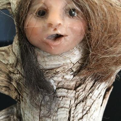 Folk Art Figure in Driftwood 8"H Signed Wax face Real Hair 8"H