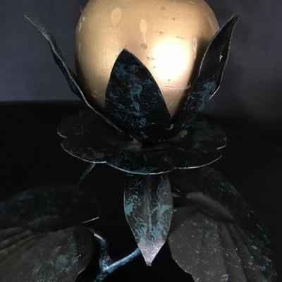  20" Long Metal Candle Holder Water Lilly w 2 used gold ball candles Lot # 150