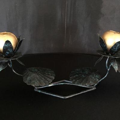  20" Long Metal Candle Holder Water Lilly w 2 used gold ball candles Lot # 150