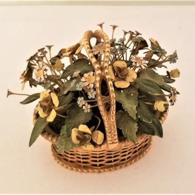Lot #20  Lovely Gold Metal Basket of Enameled Flowers and foliage 
