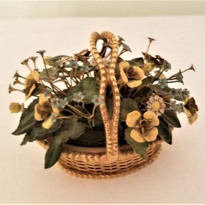 Lot #20  Lovely Gold Metal Basket of Enameled Flowers and foliage 