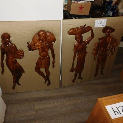 Lot 792.  Vintage 3D carved figures on wall art (pair)