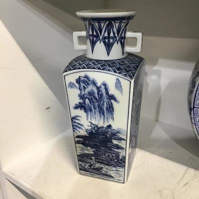 Oriental Styled 10â€ Square vase - Blue and White 