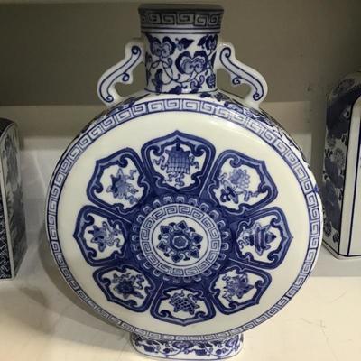 12â€ Medallion shaped Blue and White Oriental Vase 