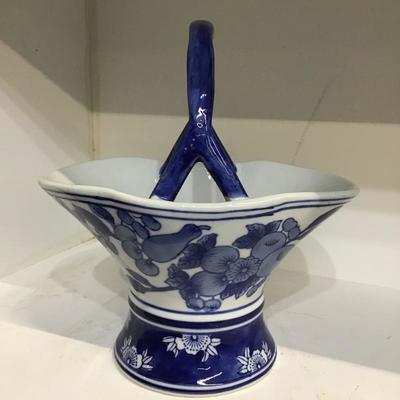 9â€ Oriental Themed Blue and White Porcelain Basket