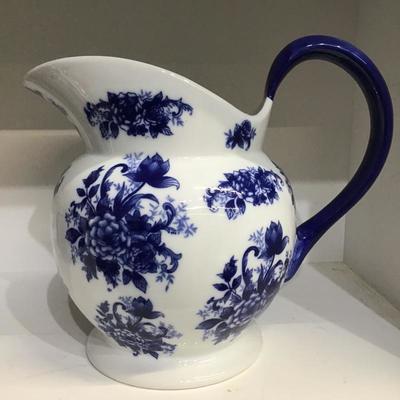 9â€ Blue and White Porcelain Pitcher With Floral Design
