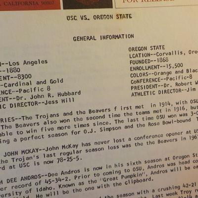 Signed Patriots Sam the bam at "USC vs Oregon State Football game 1968 with Sam Cunningham #39 Patriots. Signed 2010.