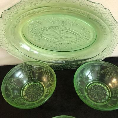 #34 Green Depression Glass Platter & Bowls