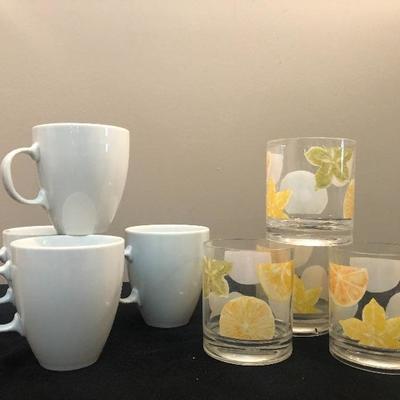 #117 4 White Coffee Cups plus plastic tumblers 