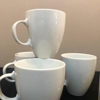 #117 4 White Coffee Cups plus plastic tumblers 