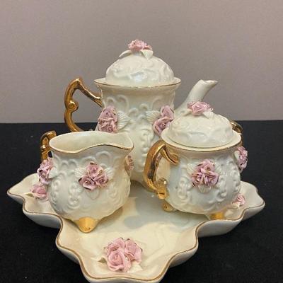 #125 Formal Tea Set with Pink Roses on Tray. 