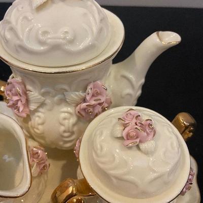 #125 Formal Tea Set with Pink Roses on Tray. 