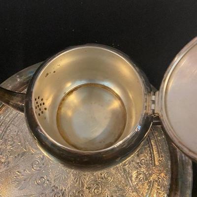 #137 4 pieces of Silver overlay on Copper- tea Pot, tray, sugar and creamer
