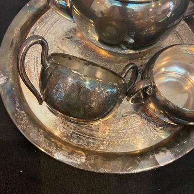 #137 4 pieces of Silver overlay on Copper- tea Pot, tray, sugar and creamer