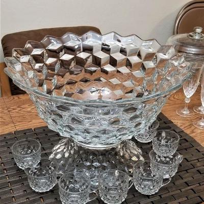 Lot #109  Beautiful Fostoria Punch Bowl on Stand with 8 cups