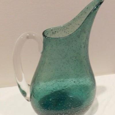 Art Glass Water Pitcher Green Hue with Silver Flecks 13