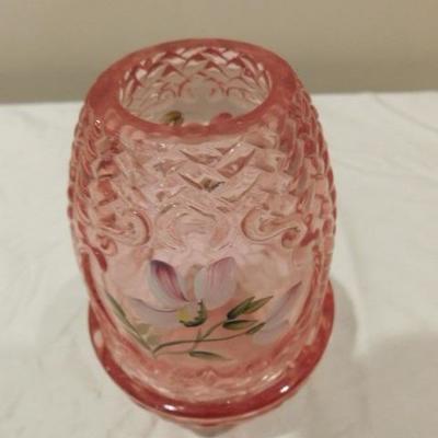 Signed Don Fenton Cranberry Hand Painted Fairy Light Candle Holder 5