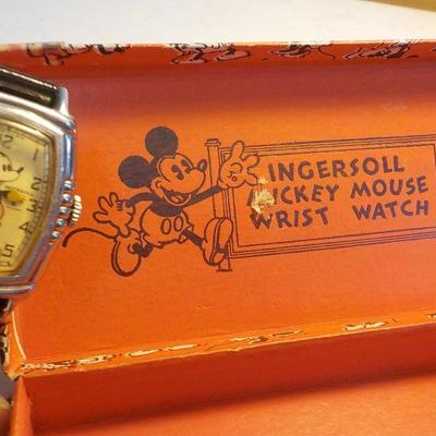 "Vintage 1938 Mickey Mouse wrist watch with box." made by Ingersoll.