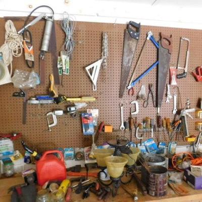 Peg Board and Bench Full of Tools and Miscellaneous