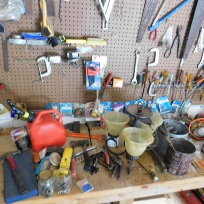 Peg Board and Bench Full of Tools and Miscellaneous