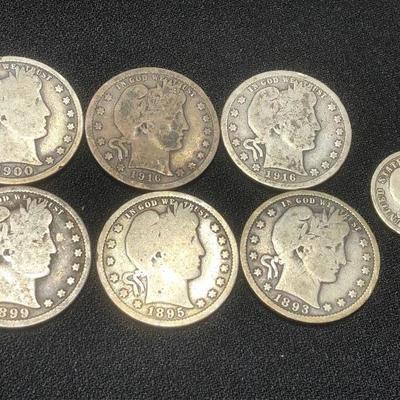7 Coin Barber silver Coin Lot - Quarter Dime 