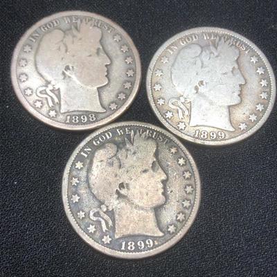 Lot of 3 Barber Silver Half Dollars - 1898-O & 1899