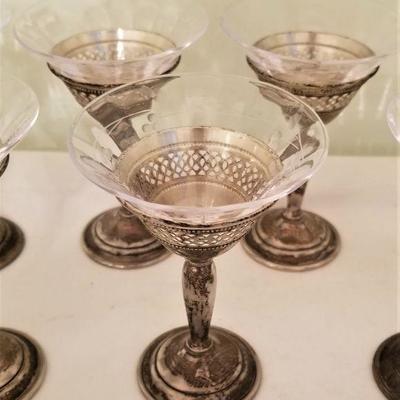 Lot #33  9 Crystal Cordial Glasses with Sterling Silver bases
