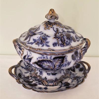 Lot #34  GORGEOUS Antique Flow Blue Tureen with Underplate - excellent condition
