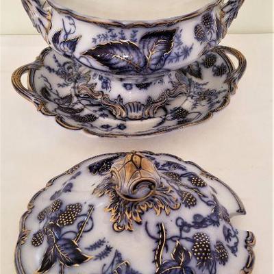 Lot #34  GORGEOUS Antique Flow Blue Tureen with Underplate - excellent condition