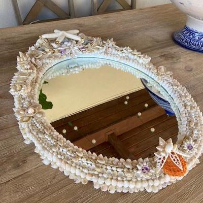 SHELL ENCRUSTED OVAL MIRROR HAND CRAFTED