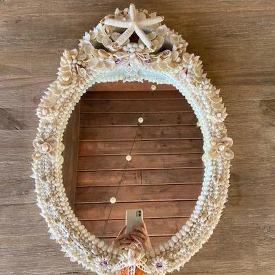 SHELL ENCRUSTED OVAL MIRROR HAND CRAFTED