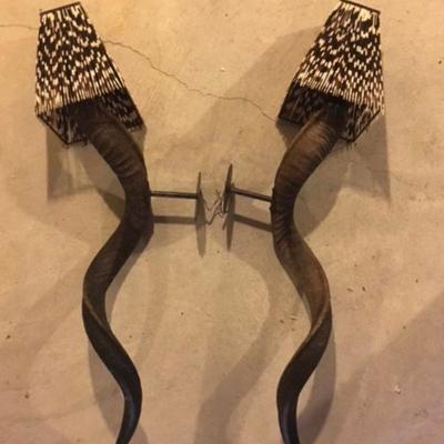 Lot # 434 Pair of Kudo Horn Lighted Sconces with Porcupine Quill Shades 