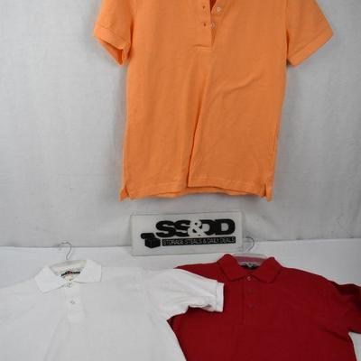 Qty 3 Women's Polo Style Shirts: Orange (Small) White (Small) Red (XS)