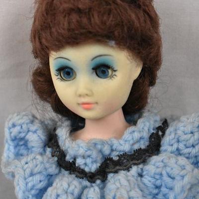 Vintage Doll: Porcelain Head & Arms. Blue Dress, includes stand