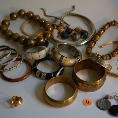 #6- 11  Grouping of Ethnic style costume jewelry Brass , silver and agate. 
