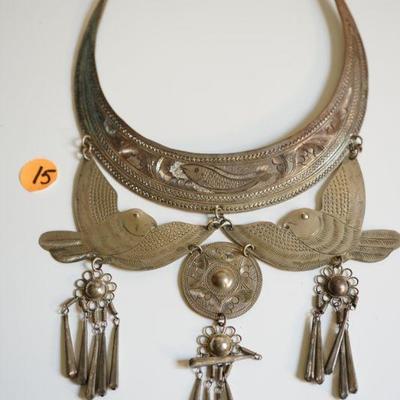 #6-15  Vintage Tibetan white metal necklace with engraved fish and birds. 