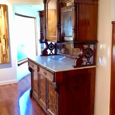 AEC 38 ANTIQUE VICTORIAN MARBLE TOP BURLWOOD BREAKFRONT DELAYED PICK UP