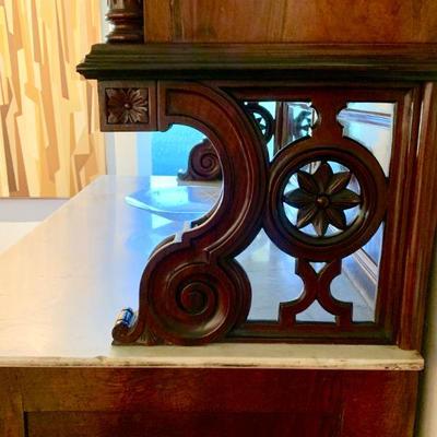 AEC 38 ANTIQUE VICTORIAN MARBLE TOP BURLWOOD BREAKFRONT DELAYED PICK UP