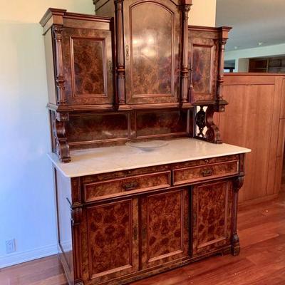 AEC 38 ANTIQUE VICTORIAN MARBLE TOP BURLWOOD BREAKFRONT DELAYED PICK UP