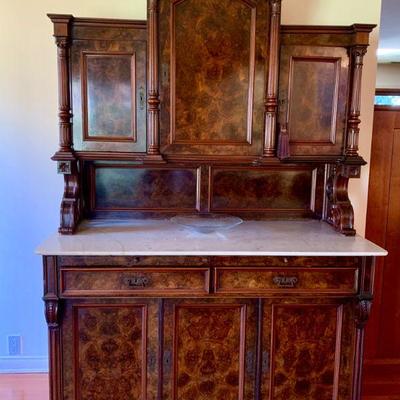 AEC 38 ANTIQUE VICTORIAN MARBLE TOP BURLWOOD BREAKFRONT DELAYED PICK UP