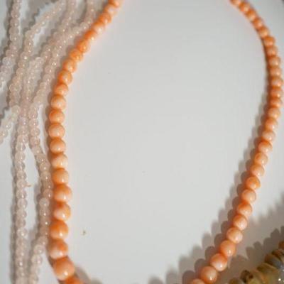 #6-16  Agate/Amethyst , two  rose quartz and Coral colored glass bead necklace