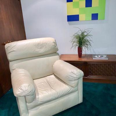 AEC 42  OFF WHITE LEATHER ARMCHAIR W/OTTOMAN DELAYED PICKUP