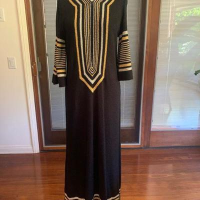 IB 32  VINTAGE BLACK KNIT CAFTAN SILVER GOLD TRIM ISRAEL
