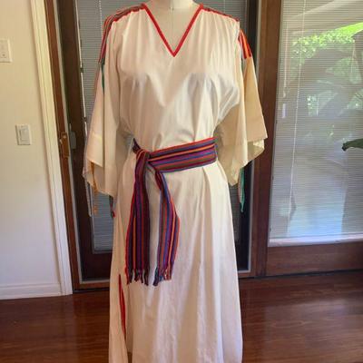 IB 42. NATIVE INSPIRED WHITE MUSLIN DRESS COLORFUL TRIM MEXICO