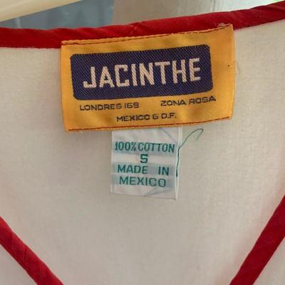 IB 42. NATIVE INSPIRED WHITE MUSLIN DRESS COLORFUL TRIM MEXICO