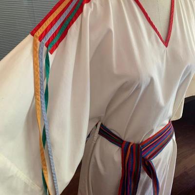 IB 42. NATIVE INSPIRED WHITE MUSLIN DRESS COLORFUL TRIM MEXICO