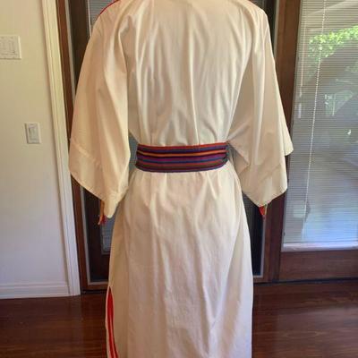 IB 42. NATIVE INSPIRED WHITE MUSLIN DRESS COLORFUL TRIM MEXICO