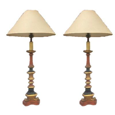 Pair of Vintage Italian Painted and Gilt Carved Wooden Candlestick Style Table Lamps