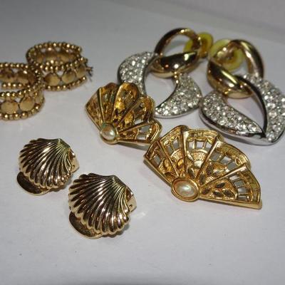 Gold Tone Earring Lot, Rhinestone, Fans, Scallop Shell Earrings Clip & Post